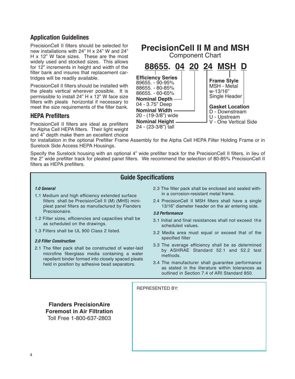 Precisioncell ii m and msh, Guide specifications application guidelines, Hepa prefilters | Component chart | Precisionaire PrecisionCell II M User Manual | Page 4 / 4