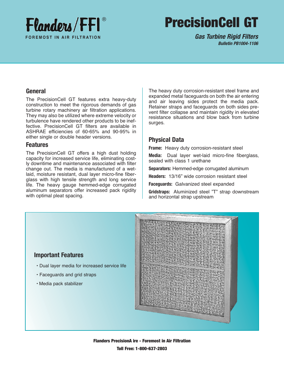 Precisionaire Gas Turbine Rigid Filters Cell GT User Manual | 2 pages