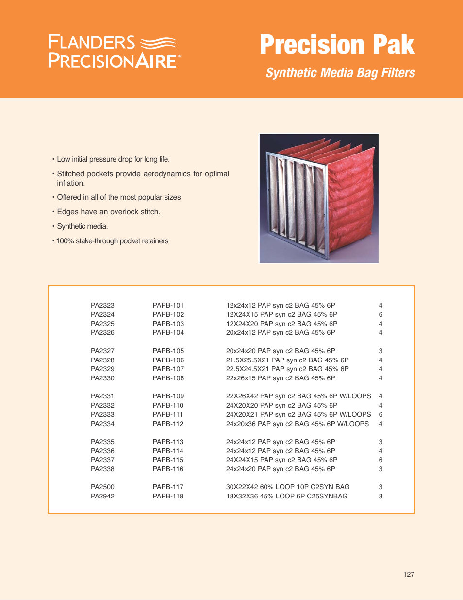 Precisionaire Synthetic Media Bag Filters ASHRAE Series User Manual | 1 page