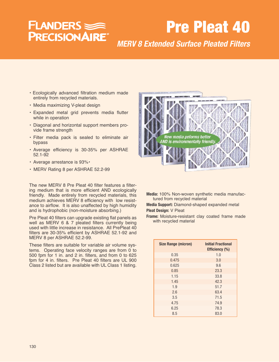 Precisionaire MERV 8 Expanded Surface Pleated Filter Pre Pleat 40 User Manual | 4 pages