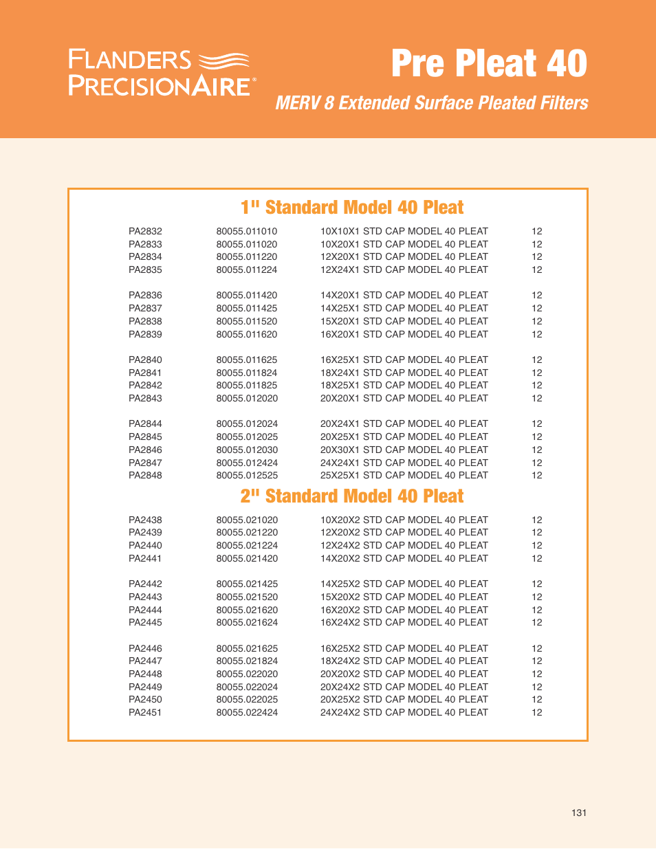Pre pleat 40, 1" standard model 40 pleat, 2" standard model 40 pleat | Merv 8 extended surface pleated filters | Precisionaire MERV 8 Expanded Surface Pleated Filter Pre Pleat 40 User Manual | Page 2 / 4
