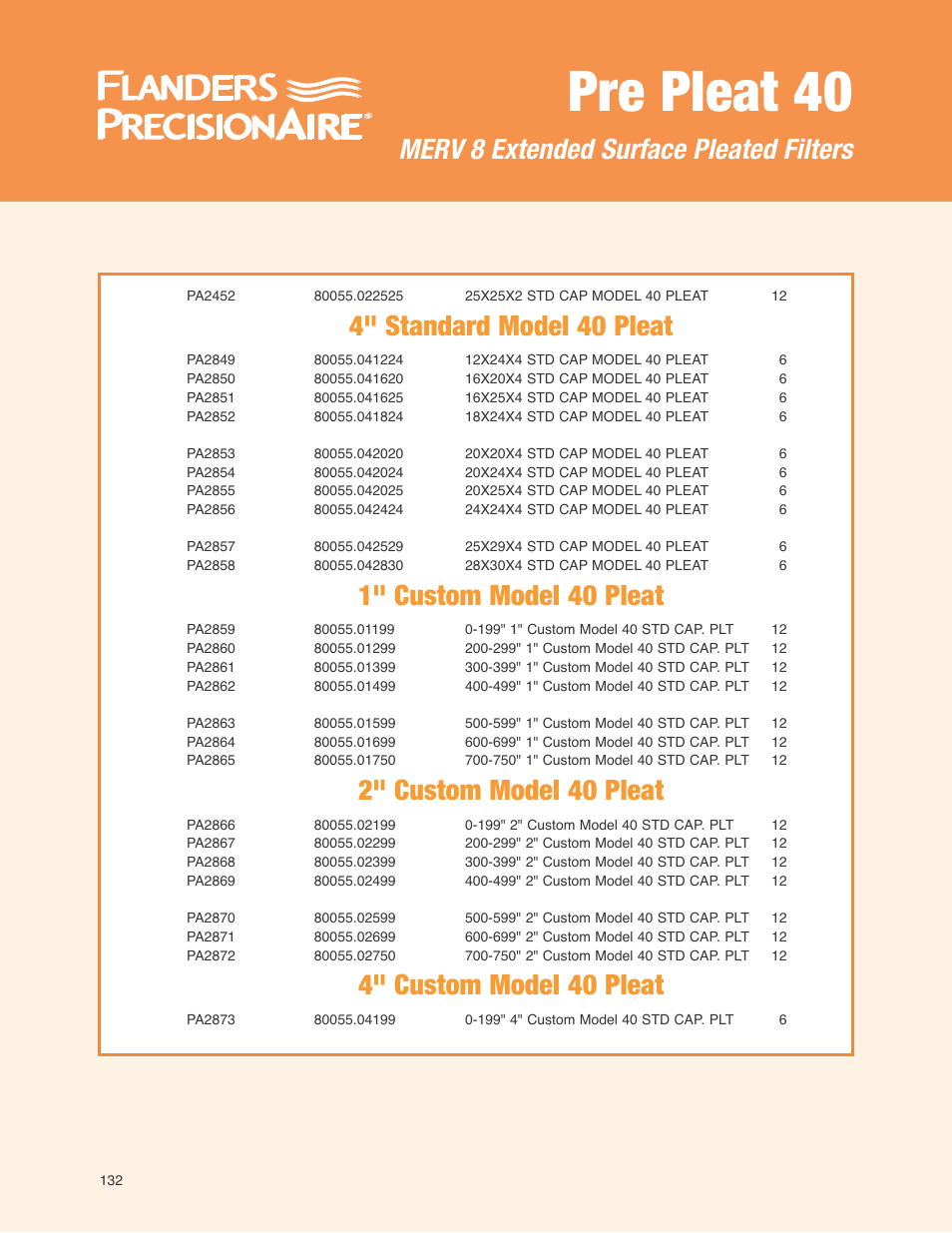 Pre pleat 40, 4" standard model 40 pleat, 1" custom model 40 pleat | 2" custom model 40 pleat, 4" custom model 40 pleat, Merv 8 extended surface pleated filters | Precisionaire MERV 8 Expanded Surface Pleated Filter Pre Pleat 40 User Manual | Page 3 / 4