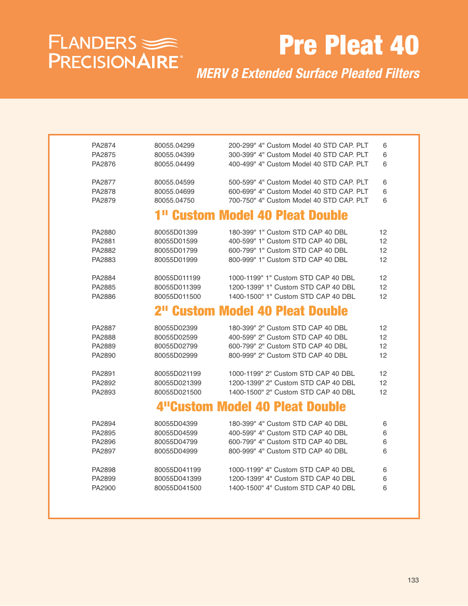 Pre pleat 40, 1" custom model 40 pleat double, 2" custom model 40 pleat double | 4"custom model 40 pleat double, Merv 8 extended surface pleated filters | Precisionaire MERV 8 Expanded Surface Pleated Filter Pre Pleat 40 User Manual | Page 4 / 4