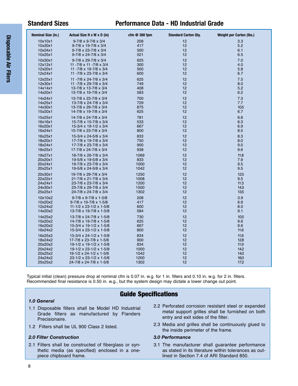 Prefilters, Guide specifications, Disposable air filers | Precisionaire Flanders PB100-0507 User Manual | Page 2 / 2