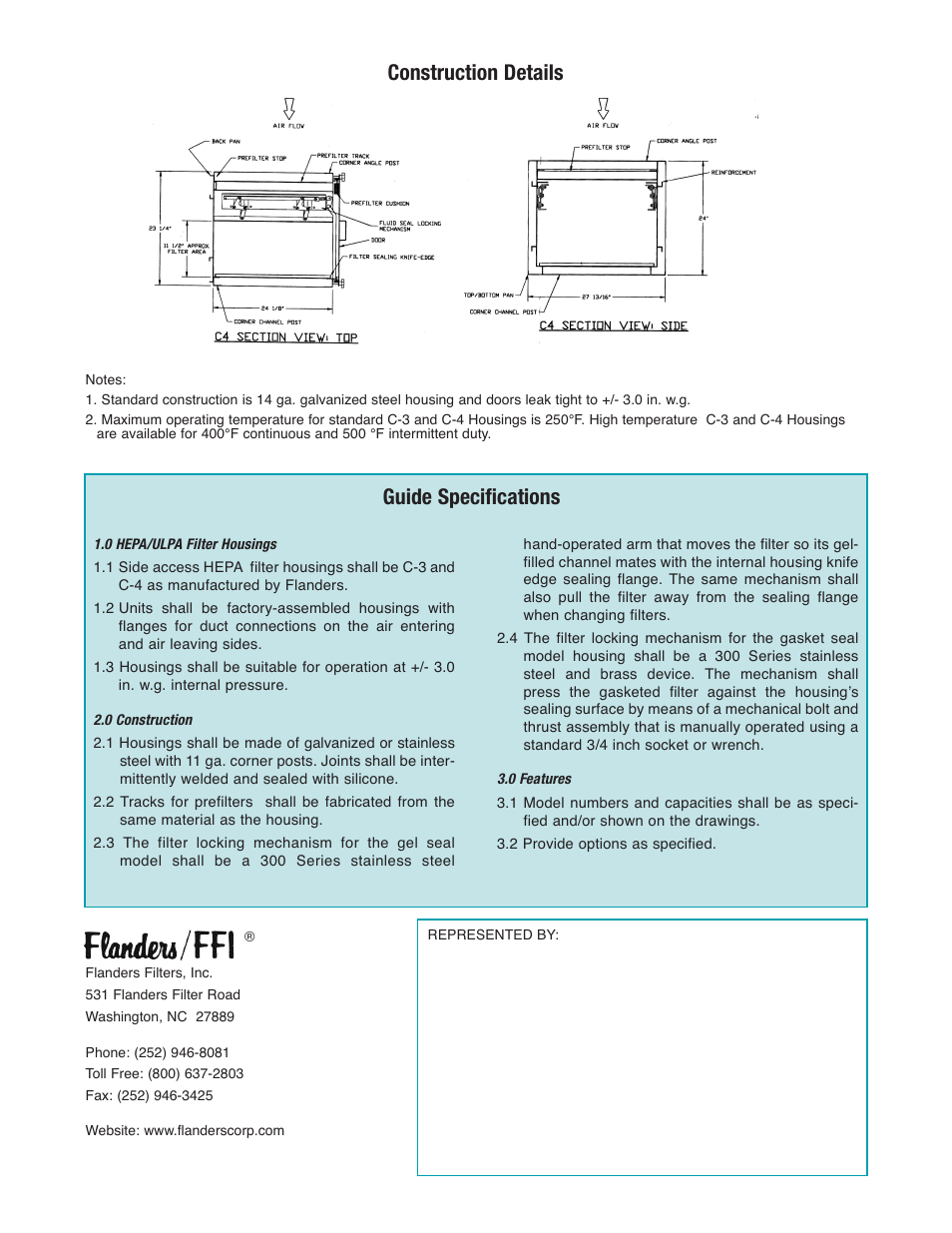 Guide specifications, Construction details | Precisionaire Crank Lock HEPA Filter Housing C-4 User Manual | Page 4 / 4