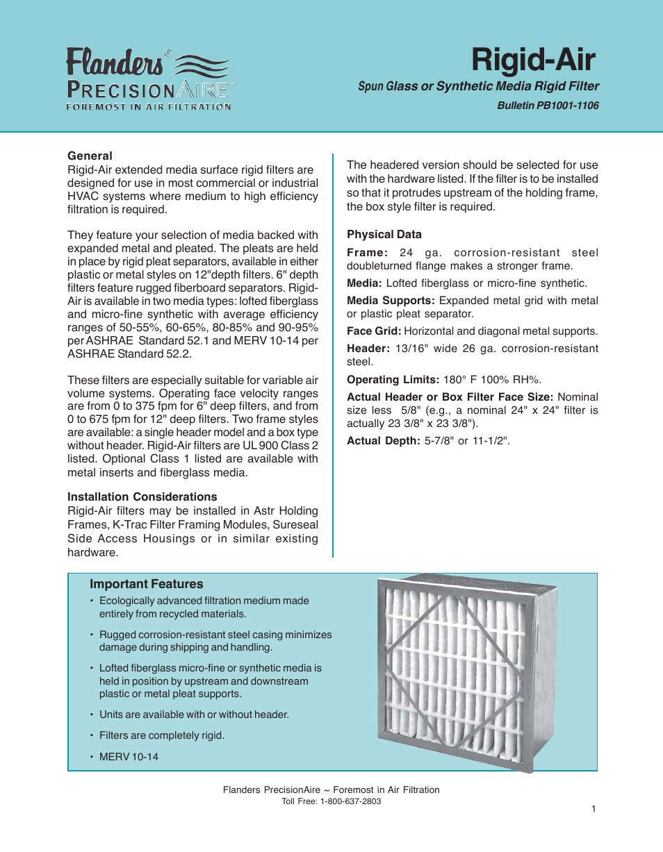 Precisionaire Rigid Air MERV 10-14 User Manual | 4 pages