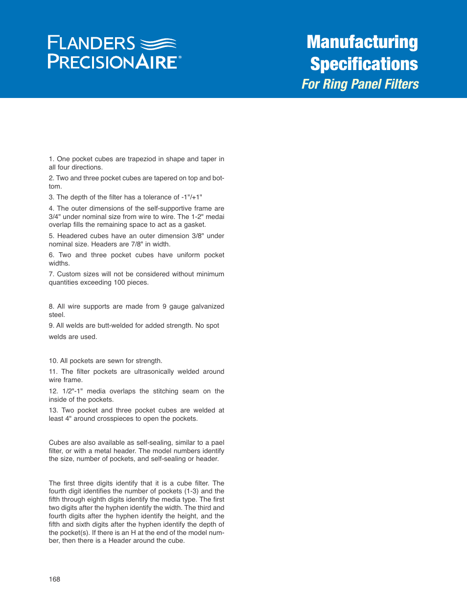 Manufacturing specifications, For ring panel filters | Precisionaire Rings Panels Filter ST55R-2020 User Manual | Page 2 / 4