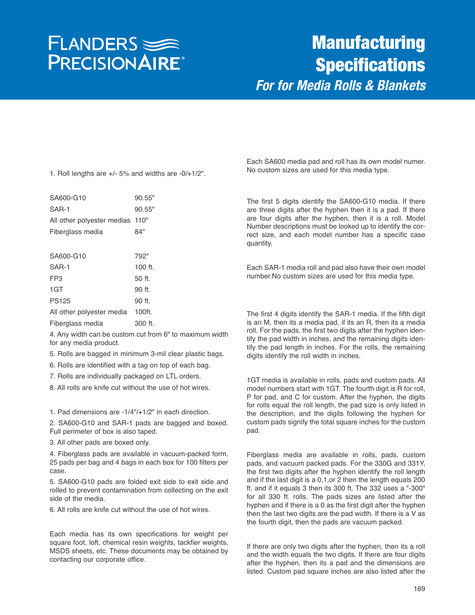 Manufacturing specifications, For for media rolls & blankets | Precisionaire Rings Panels Filter ST55R-2020 User Manual | Page 3 / 4