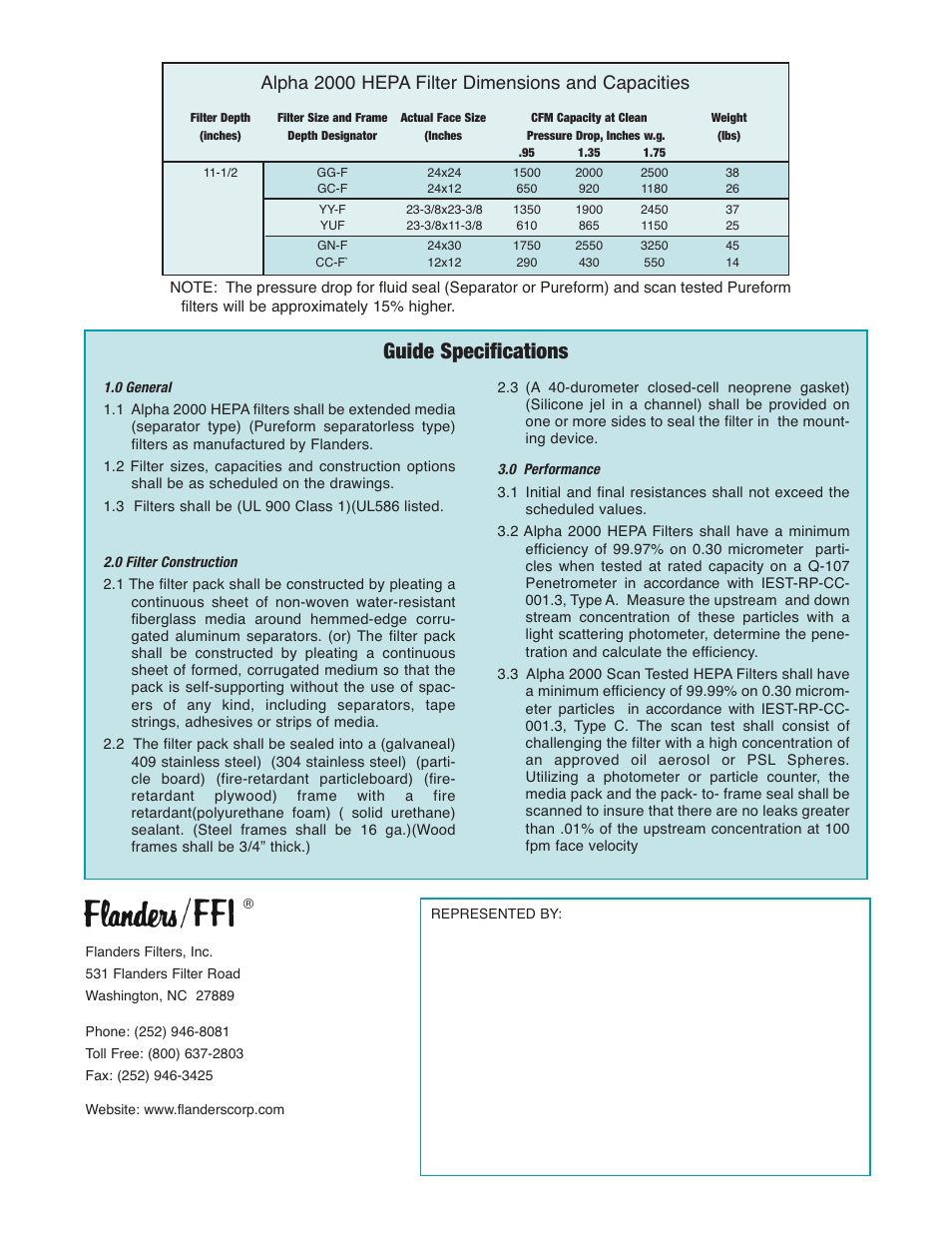 Guide specifications, Alpha 2000 hepa filter dimensions and capacities | Precisionaire Alpha 2000 User Manual | Page 4 / 4