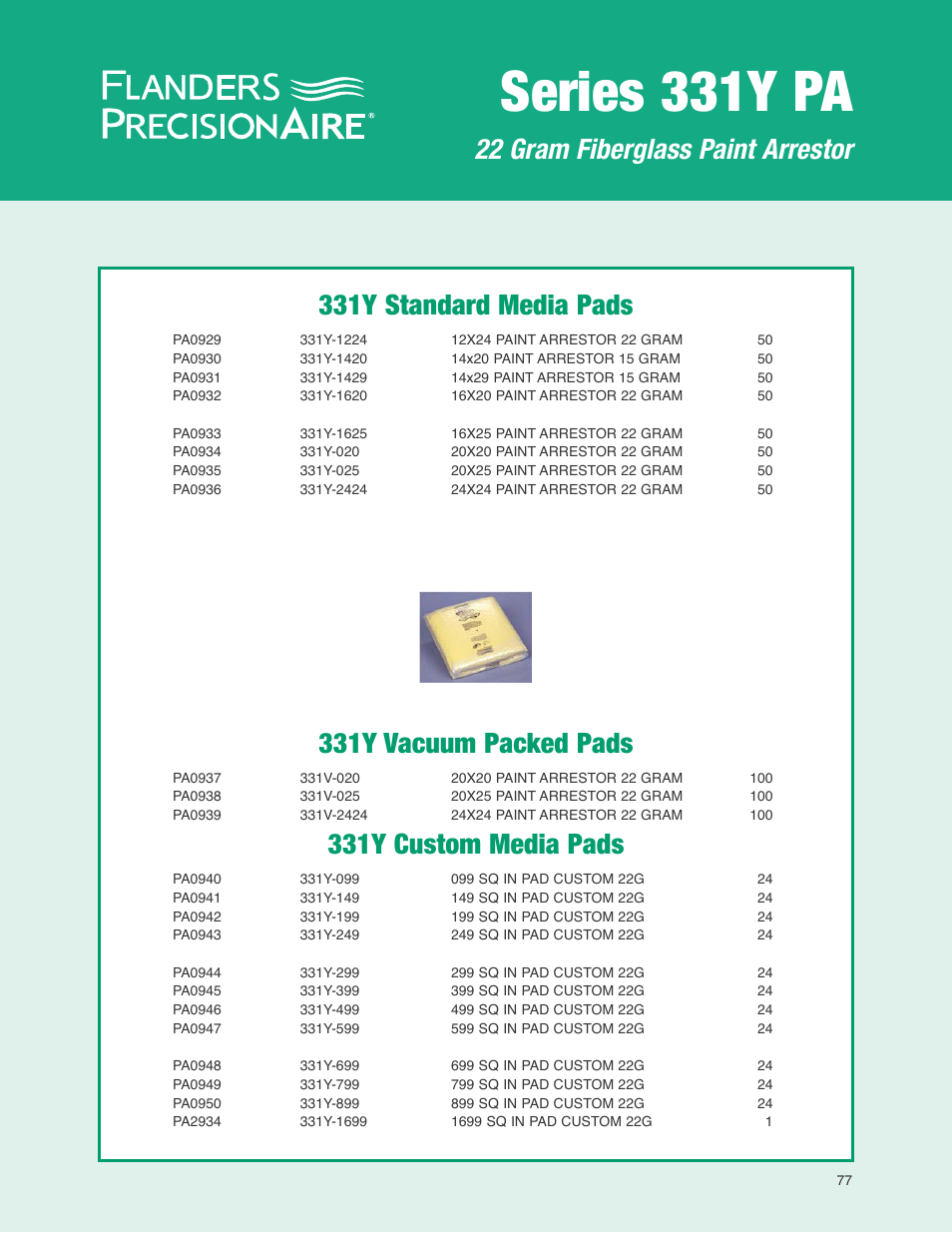 Series 331y pa, 331y standard media pads, 331y vacuum packed pads | 331y custom media pads, 22 gram fiberglass paint arrestor | Precisionaire 331Y PA User Manual | Page 2 / 3