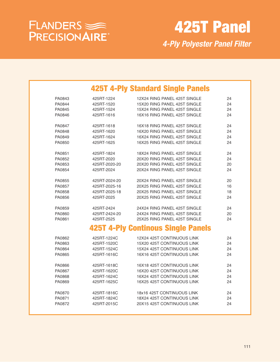 425t panel, 425t 4-ply standard single panels, 425t 4-ply continous single panels | Ply polyester panel filter | Precisionaire 425T Panel User Manual | Page 2 / 8