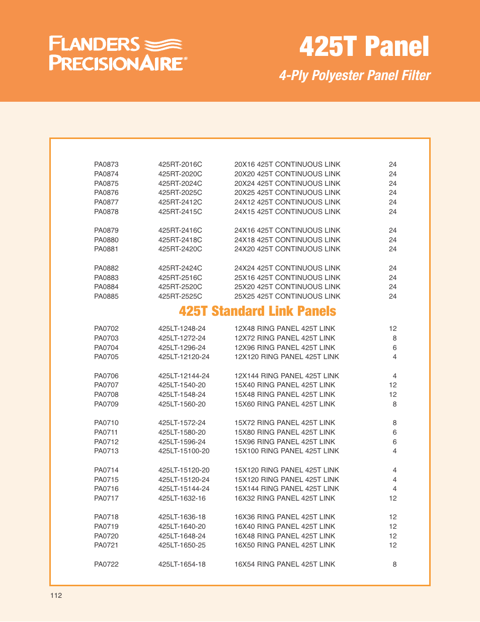 425t panel, 425t standard link panels, Ply polyester panel filter | Precisionaire 425T Panel User Manual | Page 3 / 8