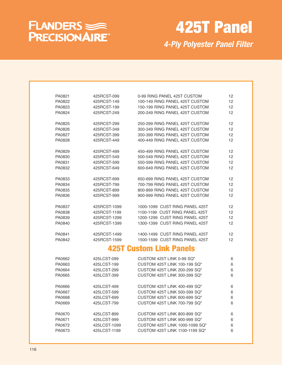 425t panel, 425t custom link panels, Ply polyester panel filter | Precisionaire 425T Panel User Manual | Page 7 / 8