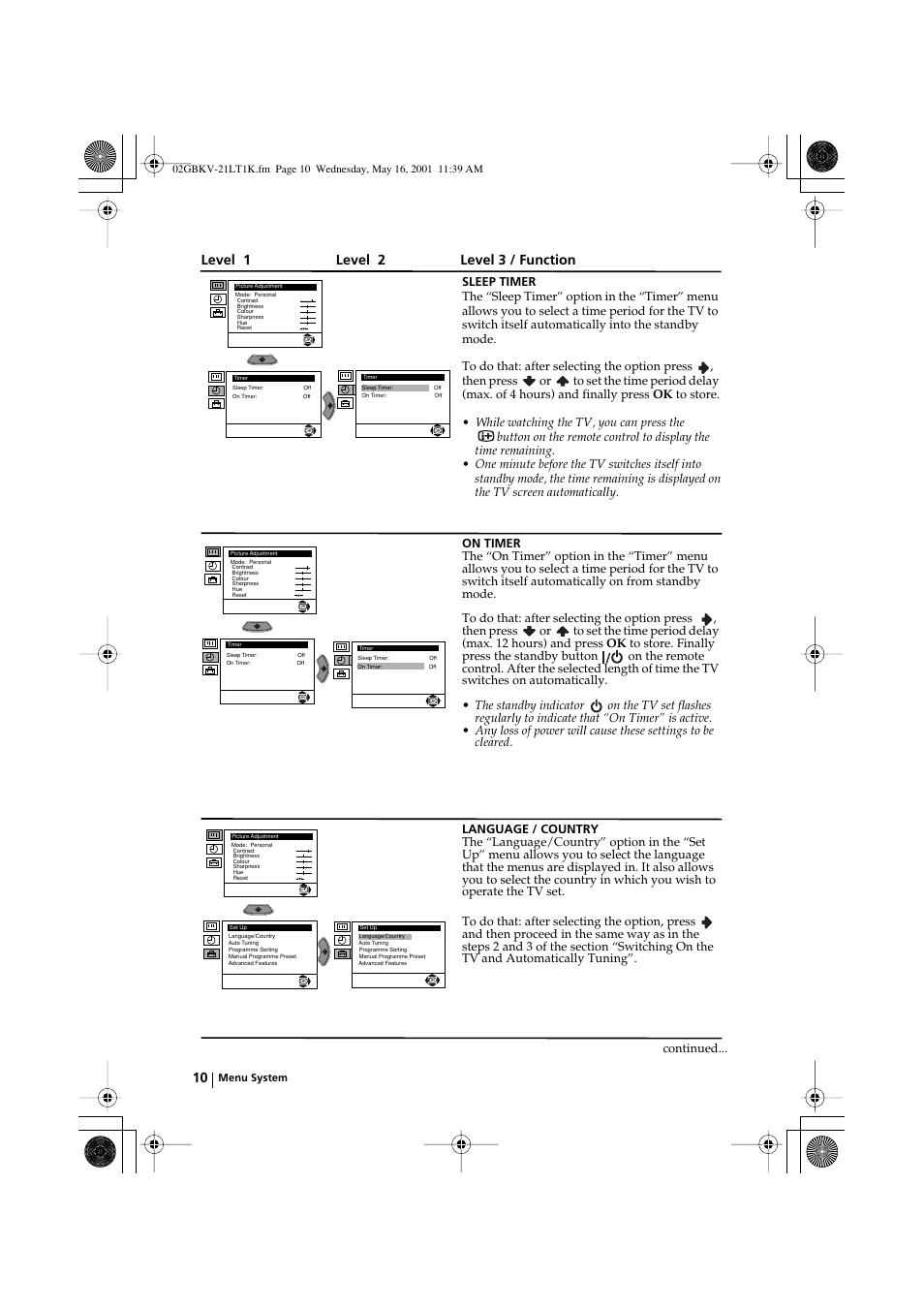 Level 1 level 2 level 3 / function | Sony KV-21LT1K User Manual | Page 10 / 128