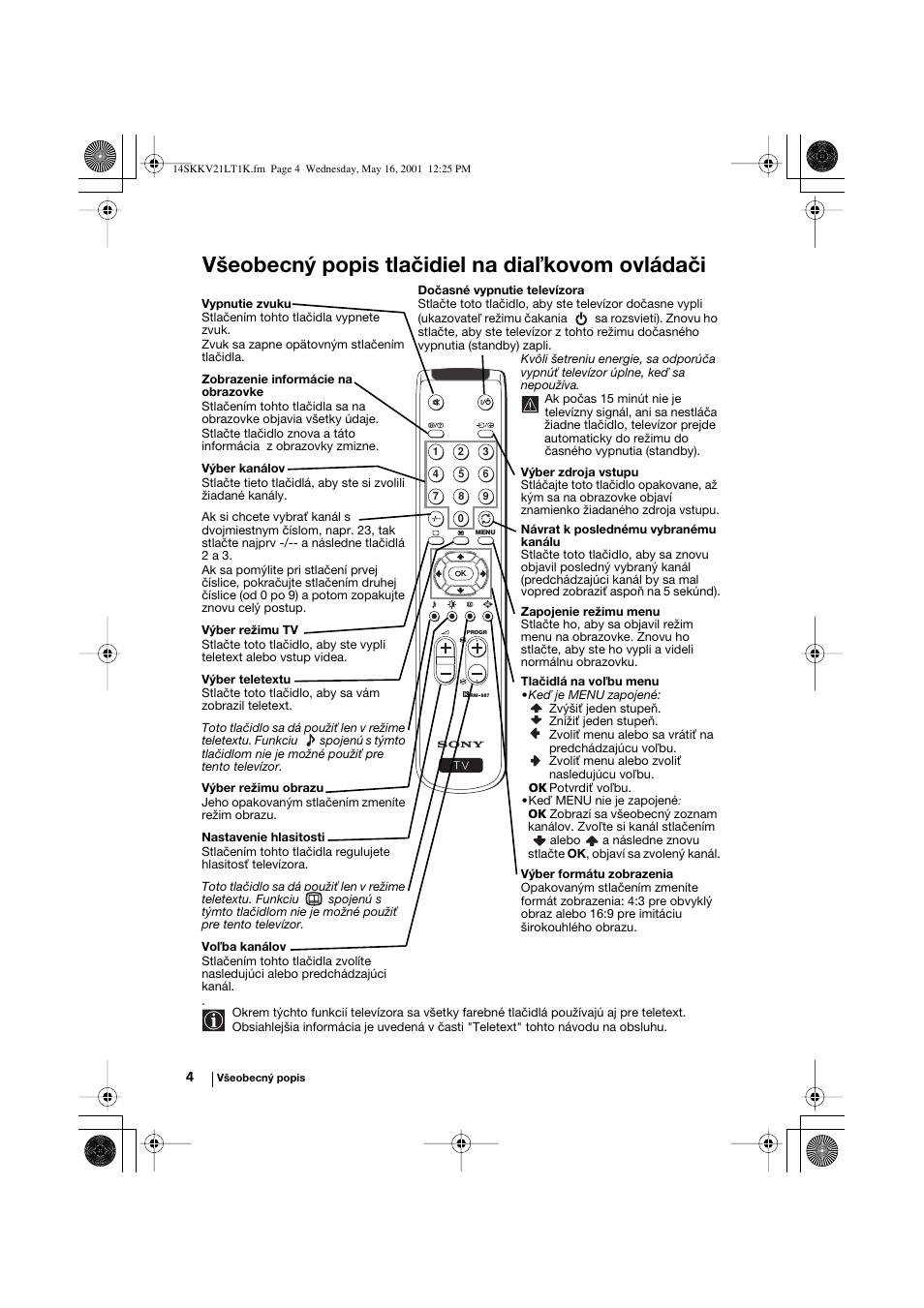 Všeobecný popis tlačidiel na diaľkovom ovládači | Sony KV-21LT1K User Manual | Page 112 / 128