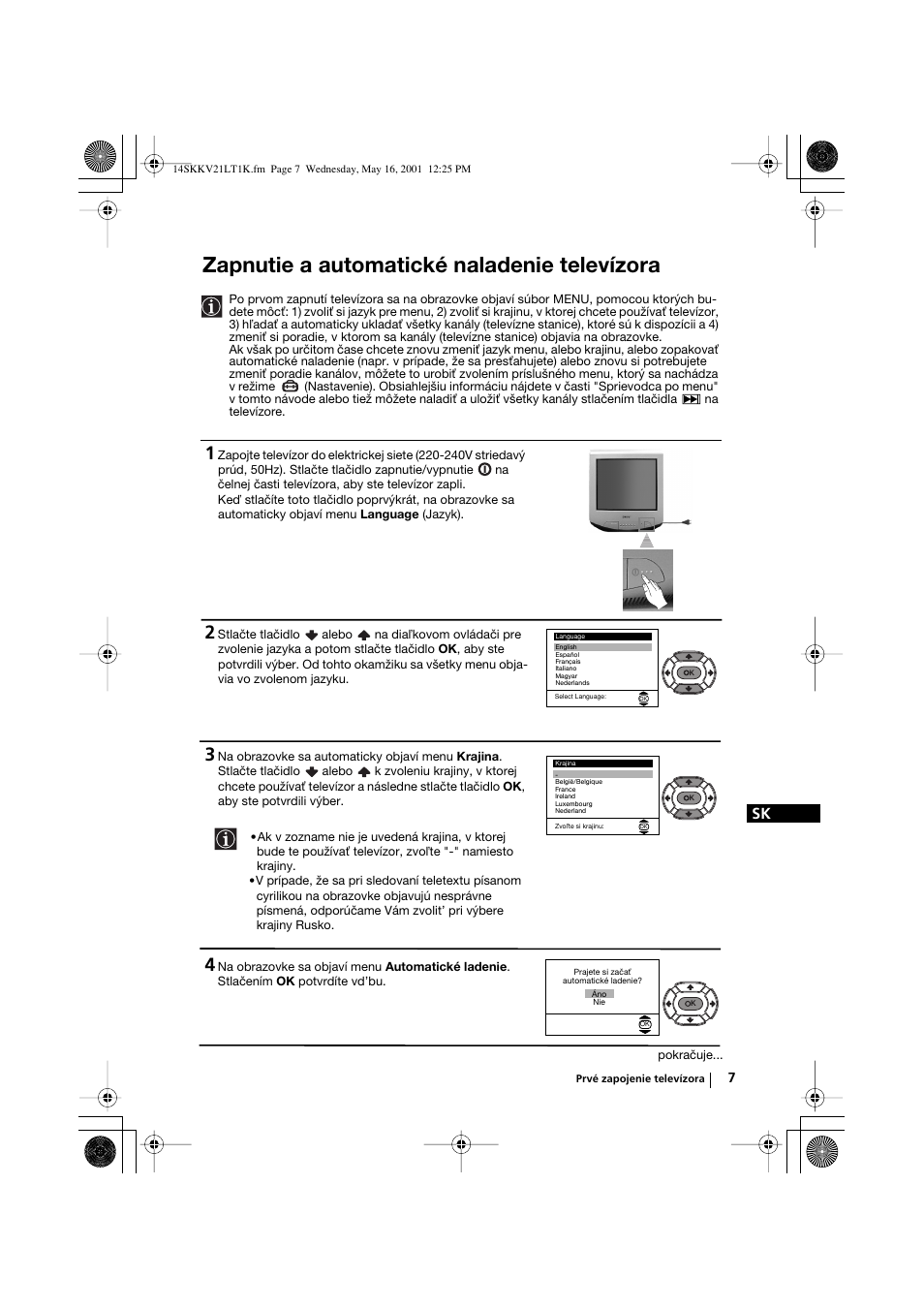 Zapnutie a automatické naladenie televízora | Sony KV-21LT1K User Manual | Page 115 / 128