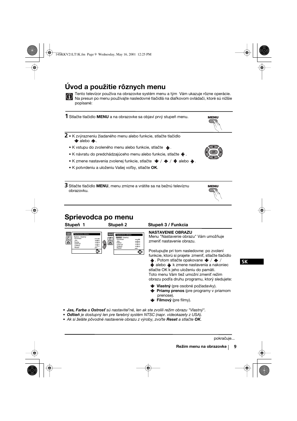 Úvod a použitie rôznych menu, Sprievodca po menu | Sony KV-21LT1K User Manual | Page 117 / 128