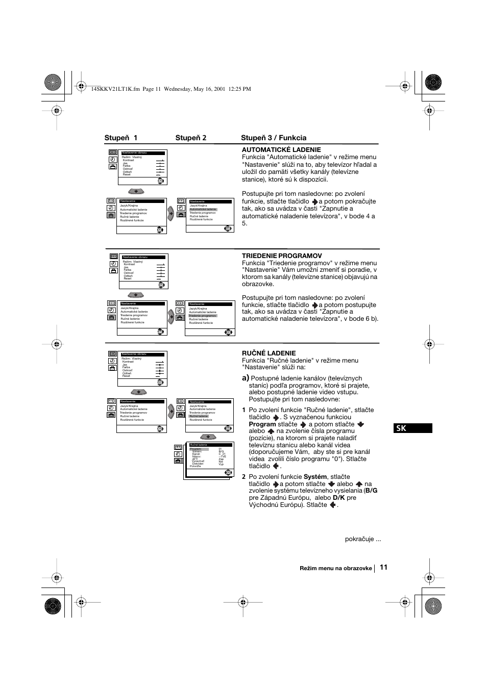 Stupeň 1 stupeň 2 stupeň 3 / funkcia | Sony KV-21LT1K User Manual | Page 119 / 128