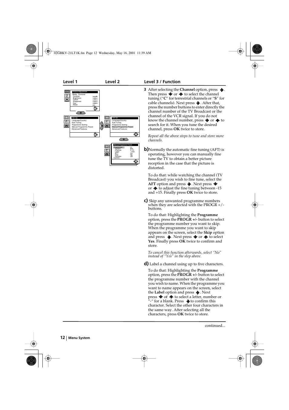 Level 1 level 2 level 3 / function | Sony KV-21LT1K User Manual | Page 12 / 128