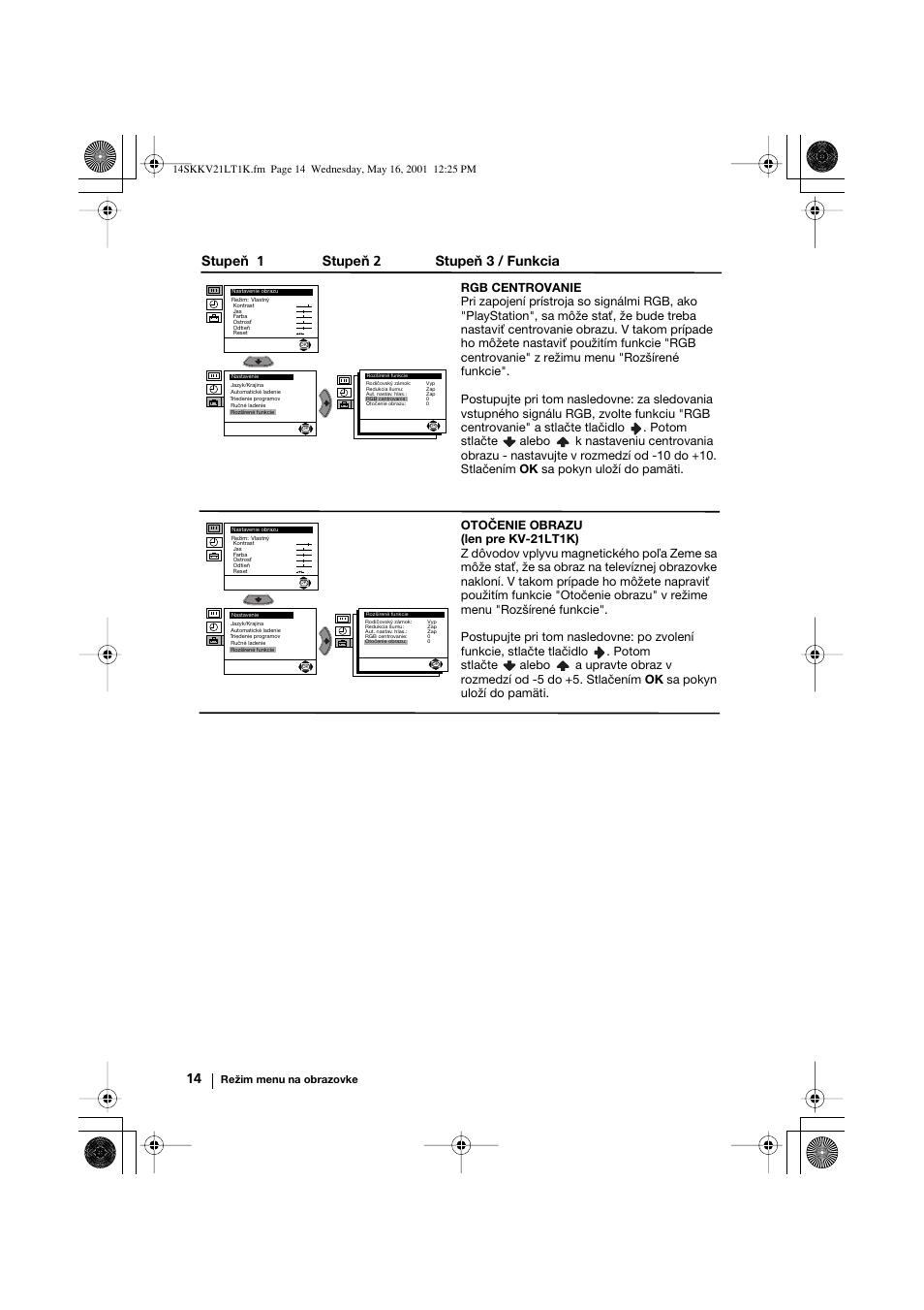 Stupeň 1 stupeň 2 stupeň 3 / funkcia | Sony KV-21LT1K User Manual | Page 122 / 128