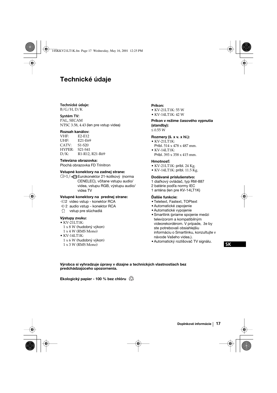 Technické údaje | Sony KV-21LT1K User Manual | Page 125 / 128