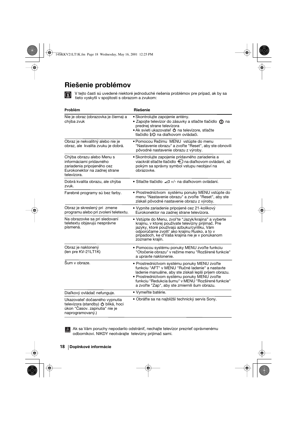 Riešenie problémov | Sony KV-21LT1K User Manual | Page 126 / 128
