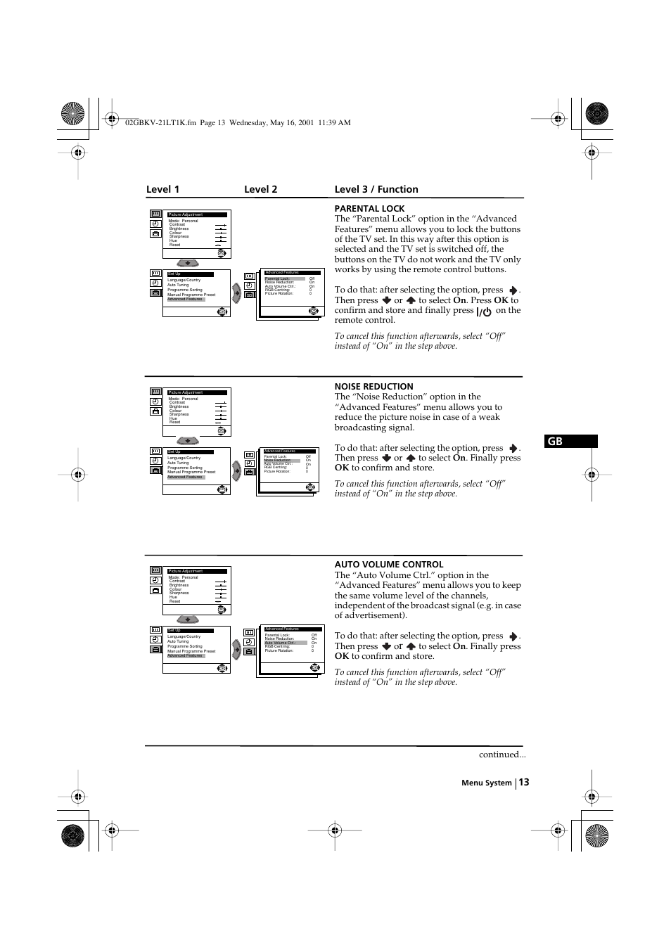 Level 1 level 2 level 3 / function | Sony KV-21LT1K User Manual | Page 13 / 128
