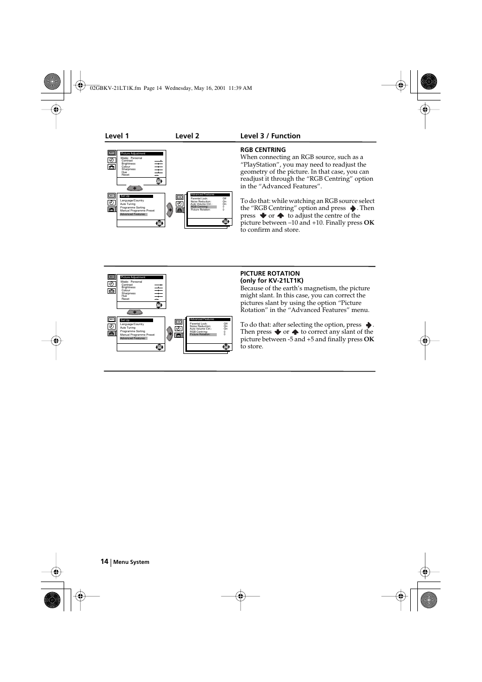Level 1 level 2 level 3 / function | Sony KV-21LT1K User Manual | Page 14 / 128
