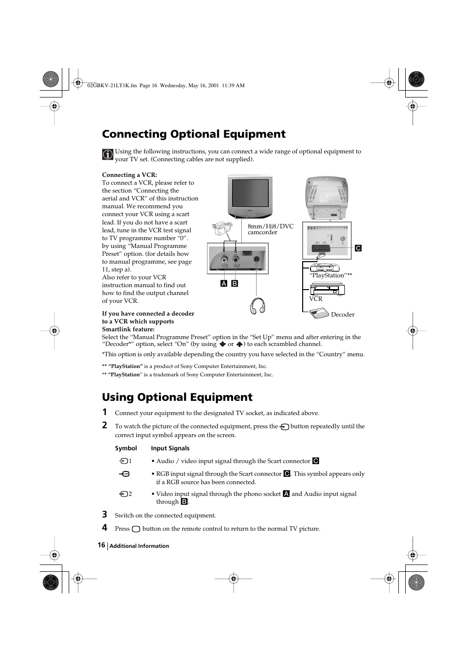 Connecting optional equipment, Using optional equipment | Sony KV-21LT1K User Manual | Page 16 / 128