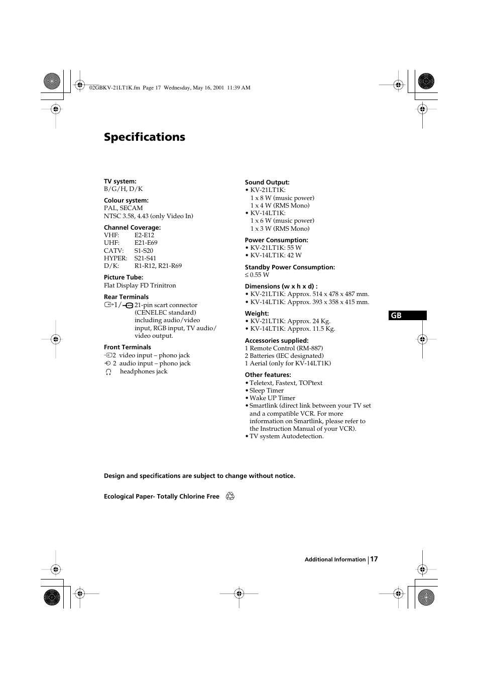 Specifications | Sony KV-21LT1K User Manual | Page 17 / 128