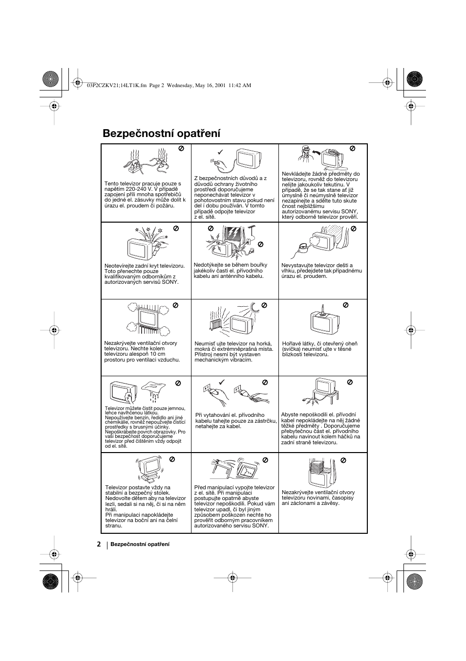 Bezpečnostní opatření | Sony KV-21LT1K User Manual | Page 20 / 128