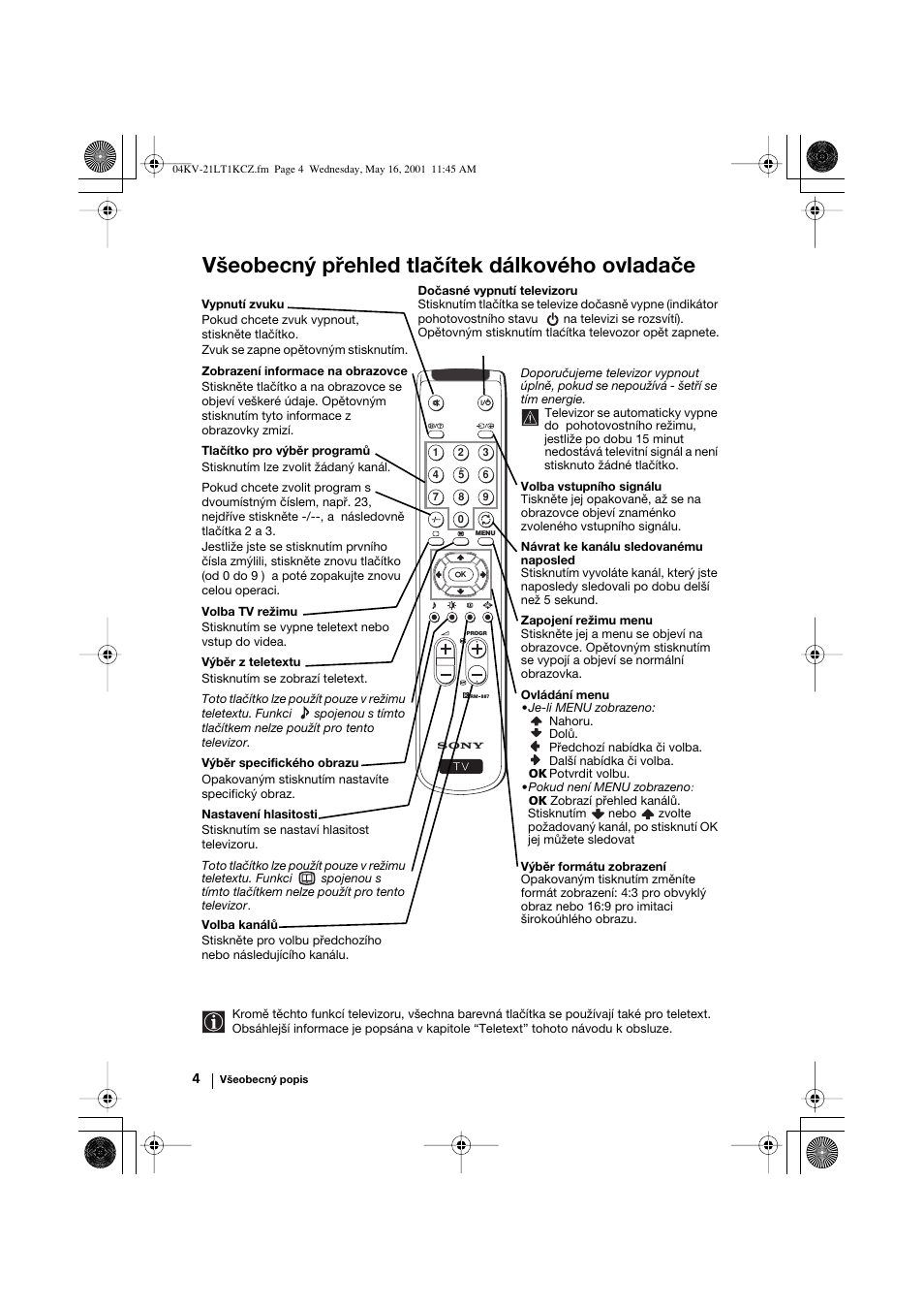 Všeobecný přehled tlačítek dálkového ovladače | Sony KV-21LT1K User Manual | Page 22 / 128