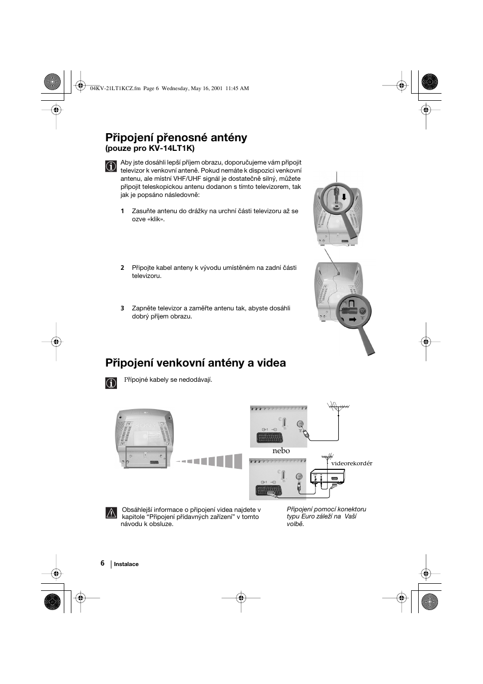 Připojení přenosné antény, Připojení venkovní antény a videa | Sony KV-21LT1K User Manual | Page 24 / 128