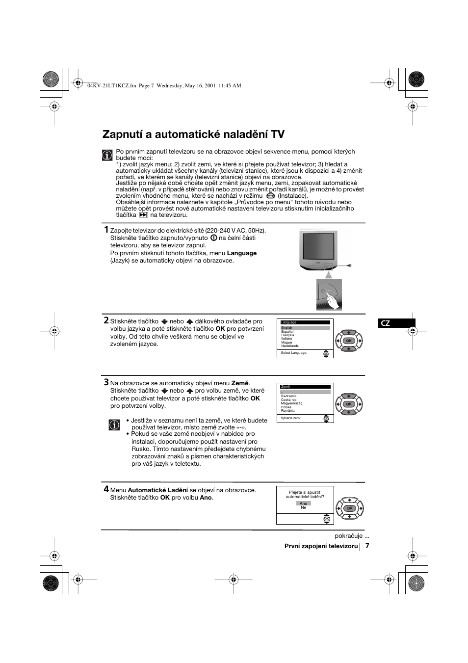 Zapnutí a automatické naladění tv | Sony KV-21LT1K User Manual | Page 25 / 128