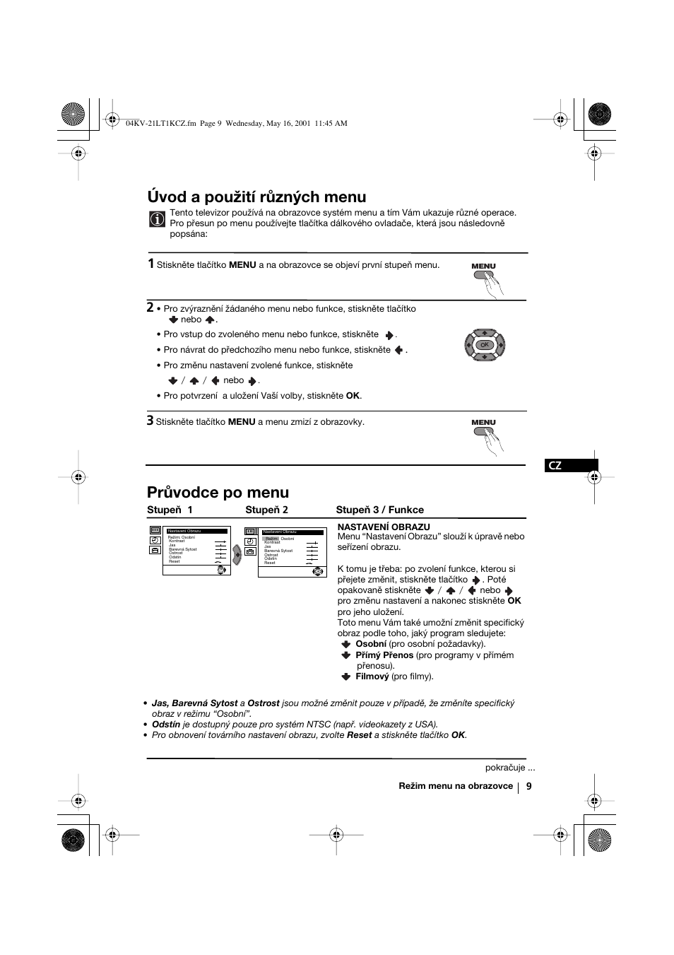 Úvod a použití různých menu, Průvodce po menu | Sony KV-21LT1K User Manual | Page 27 / 128