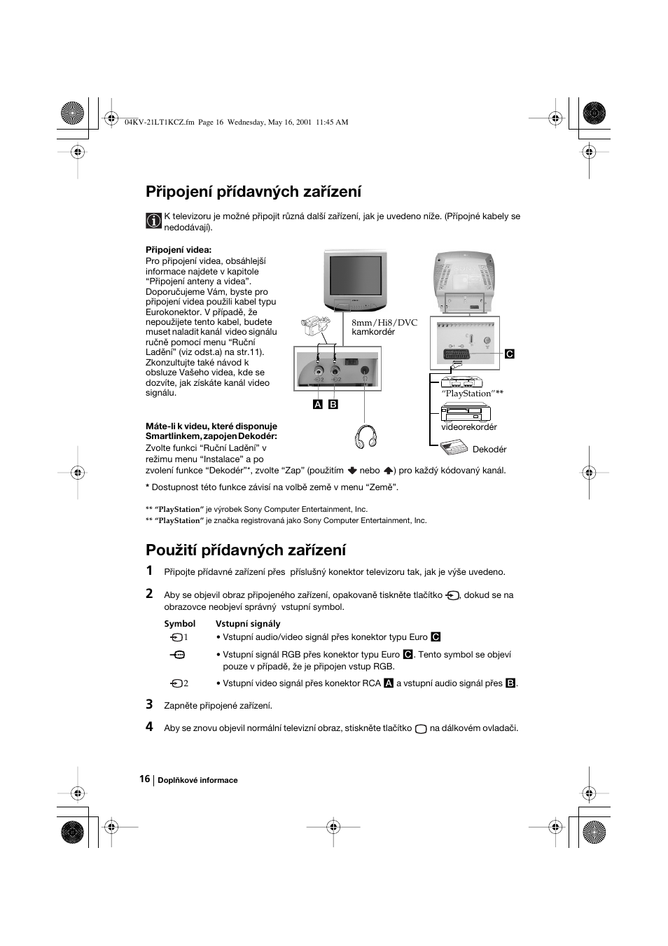 Připojení přídavných zařízení, Použití přídavných zařízení | Sony KV-21LT1K User Manual | Page 34 / 128