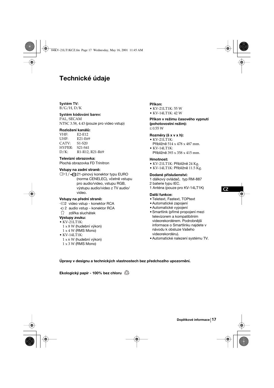 Technické údaje | Sony KV-21LT1K User Manual | Page 35 / 128