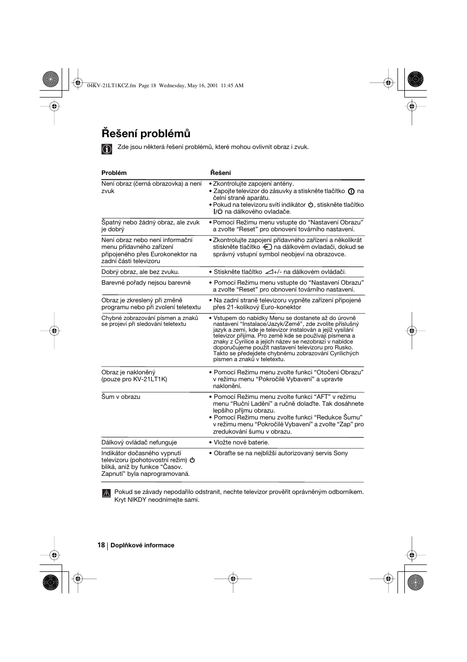 Řešení problémů | Sony KV-21LT1K User Manual | Page 36 / 128