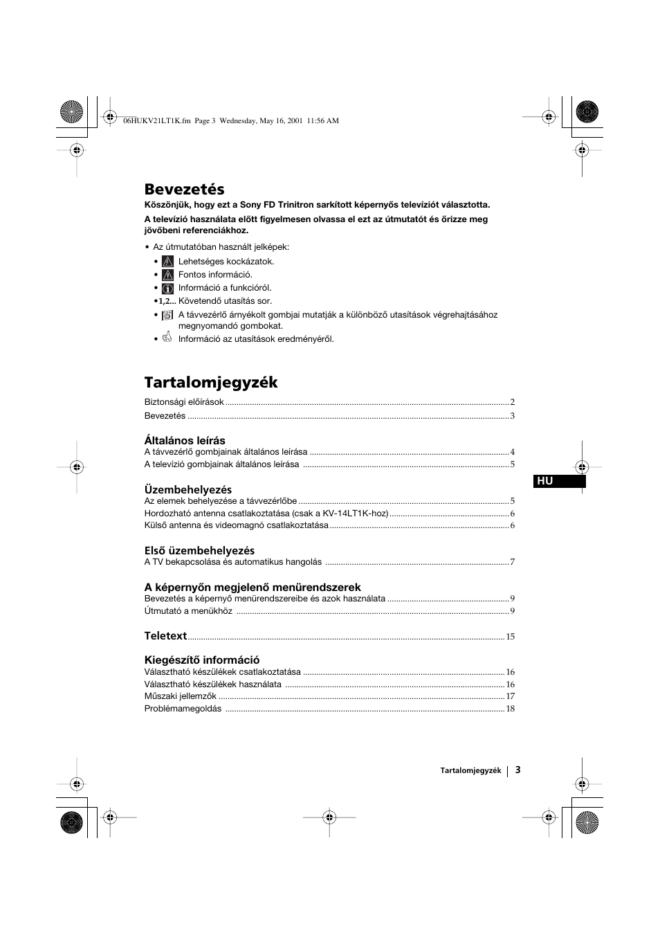 Bevezetés, Tartalomjegyzék | Sony KV-21LT1K User Manual | Page 39 / 128