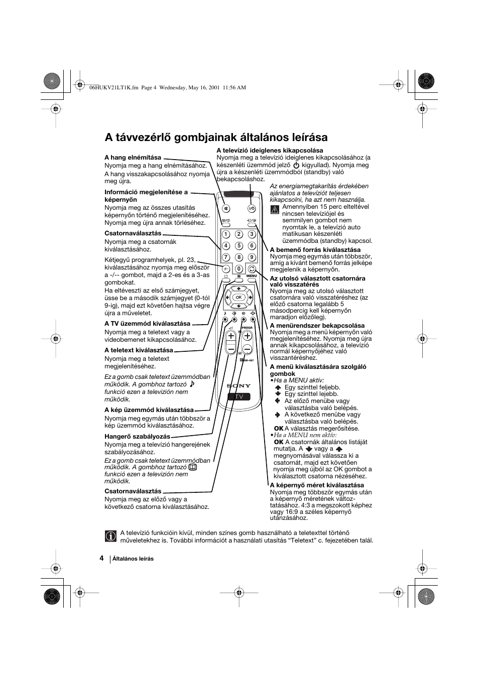 A távvezérlő gombjainak általános leírása | Sony KV-21LT1K User Manual | Page 40 / 128
