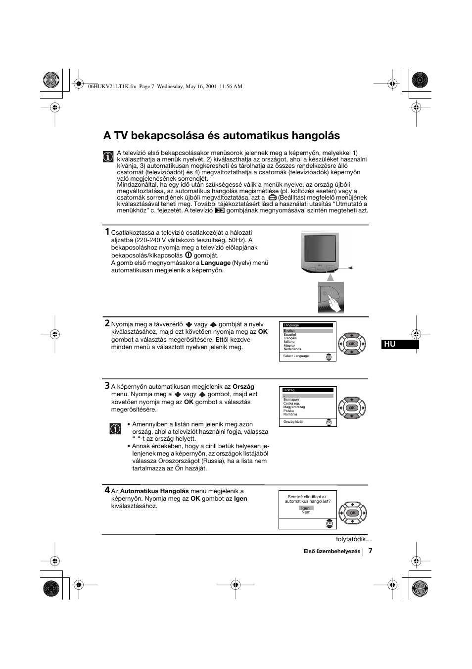 A tv bekapcsolása és automatikus hangolás | Sony KV-21LT1K User Manual | Page 43 / 128