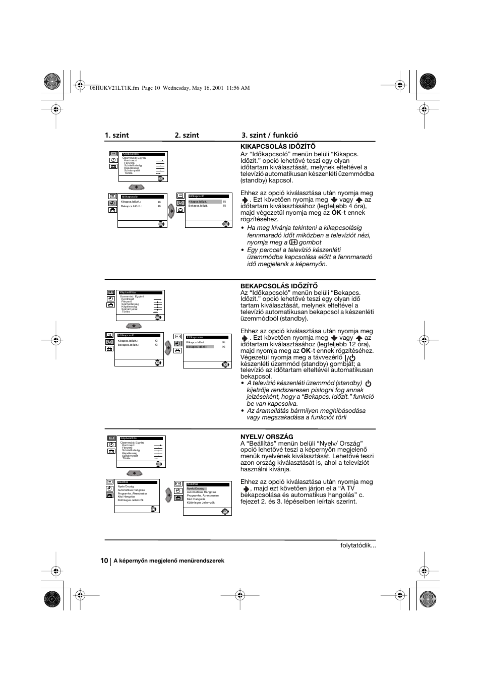 Szint 2. szint 3. szint / funkció, Folytatódik | Sony KV-21LT1K User Manual | Page 46 / 128