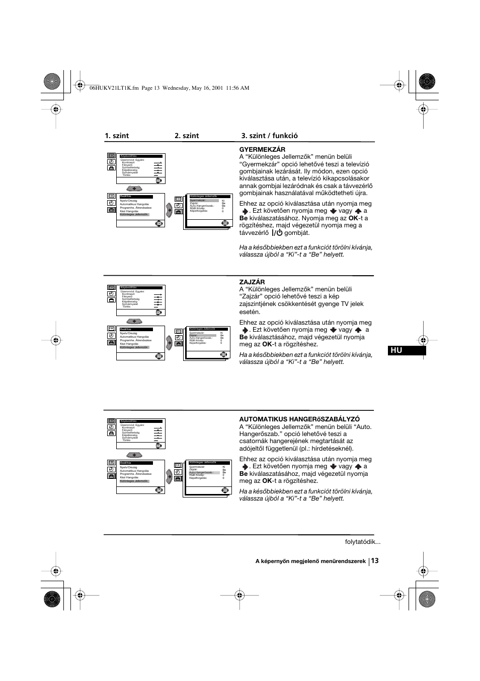 Szint 2. szint 3. szint / funkció, Folytatódik | Sony KV-21LT1K User Manual | Page 49 / 128