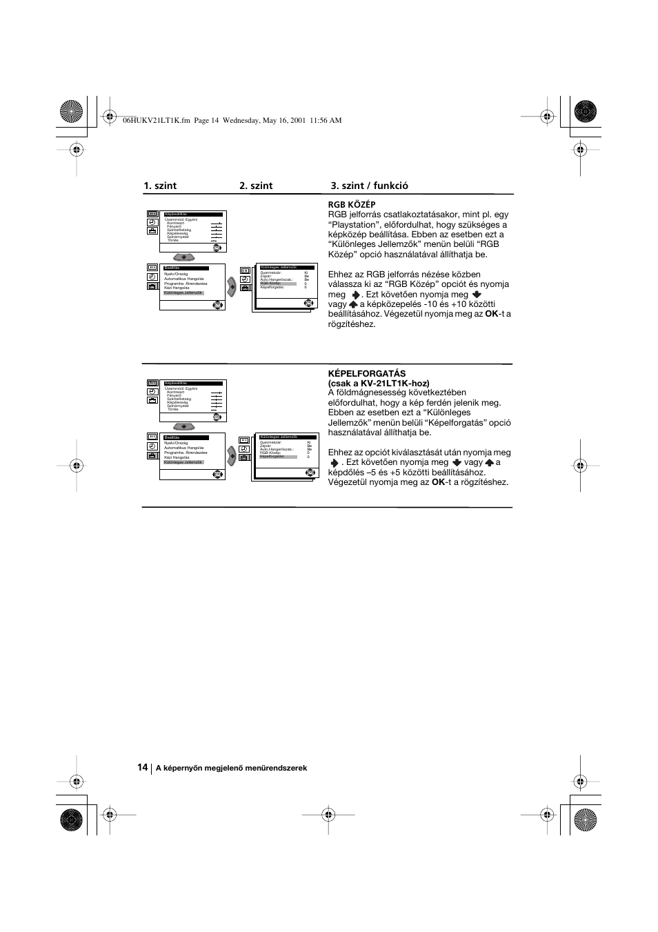 Szint 2. szint 3. szint / funkció | Sony KV-21LT1K User Manual | Page 50 / 128