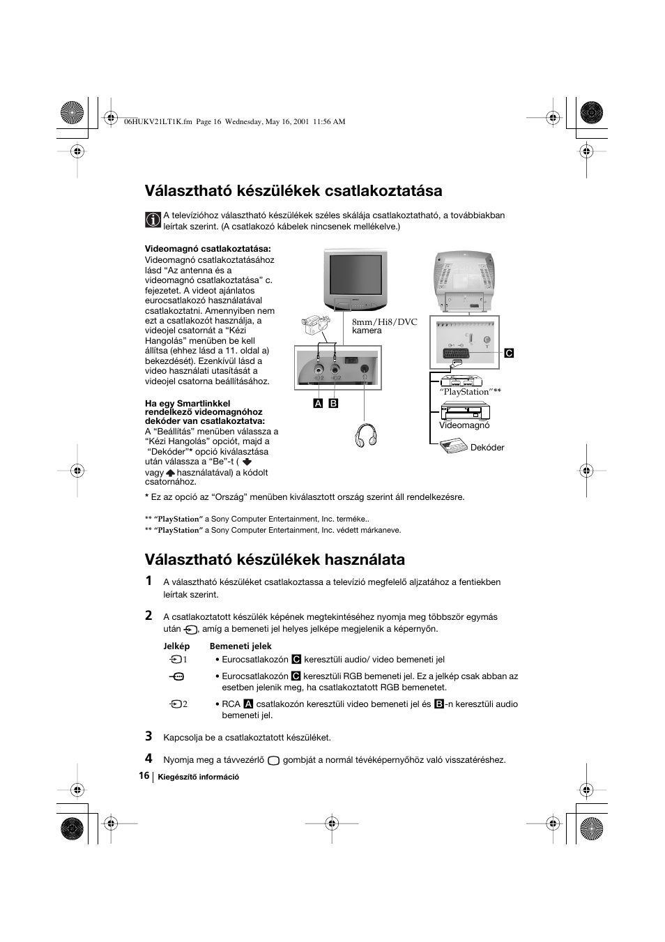 Választható készülékek csatlakoztatása, Választható készülékek használata | Sony KV-21LT1K User Manual | Page 52 / 128