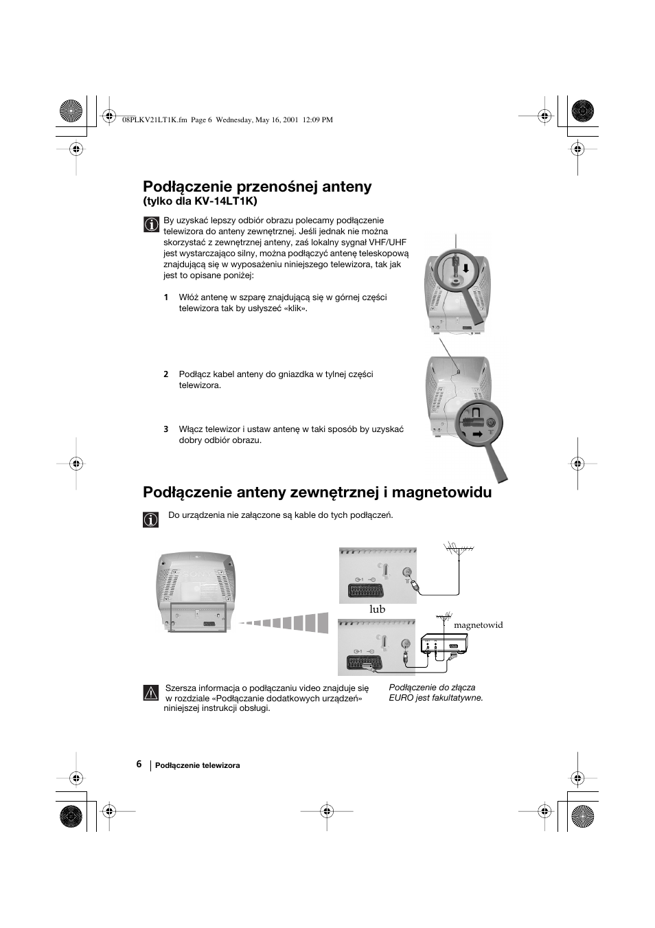Podłączenie przenośnej anteny, Podłączenie anteny zewnętrznej i magnetowidu | Sony KV-21LT1K User Manual | Page 60 / 128
