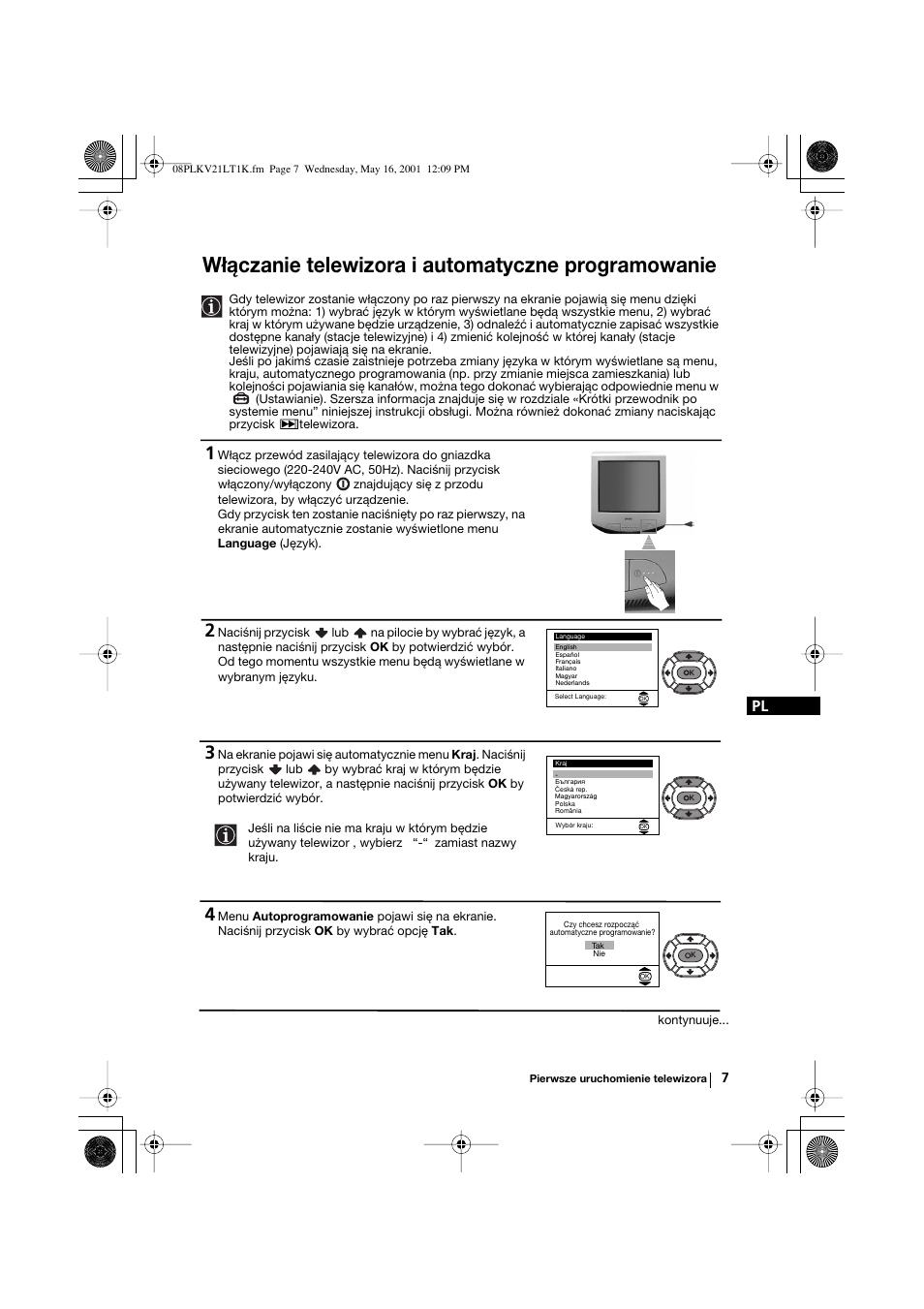 Włączanie telewizora i automatyczne programowanie | Sony KV-21LT1K User Manual | Page 61 / 128