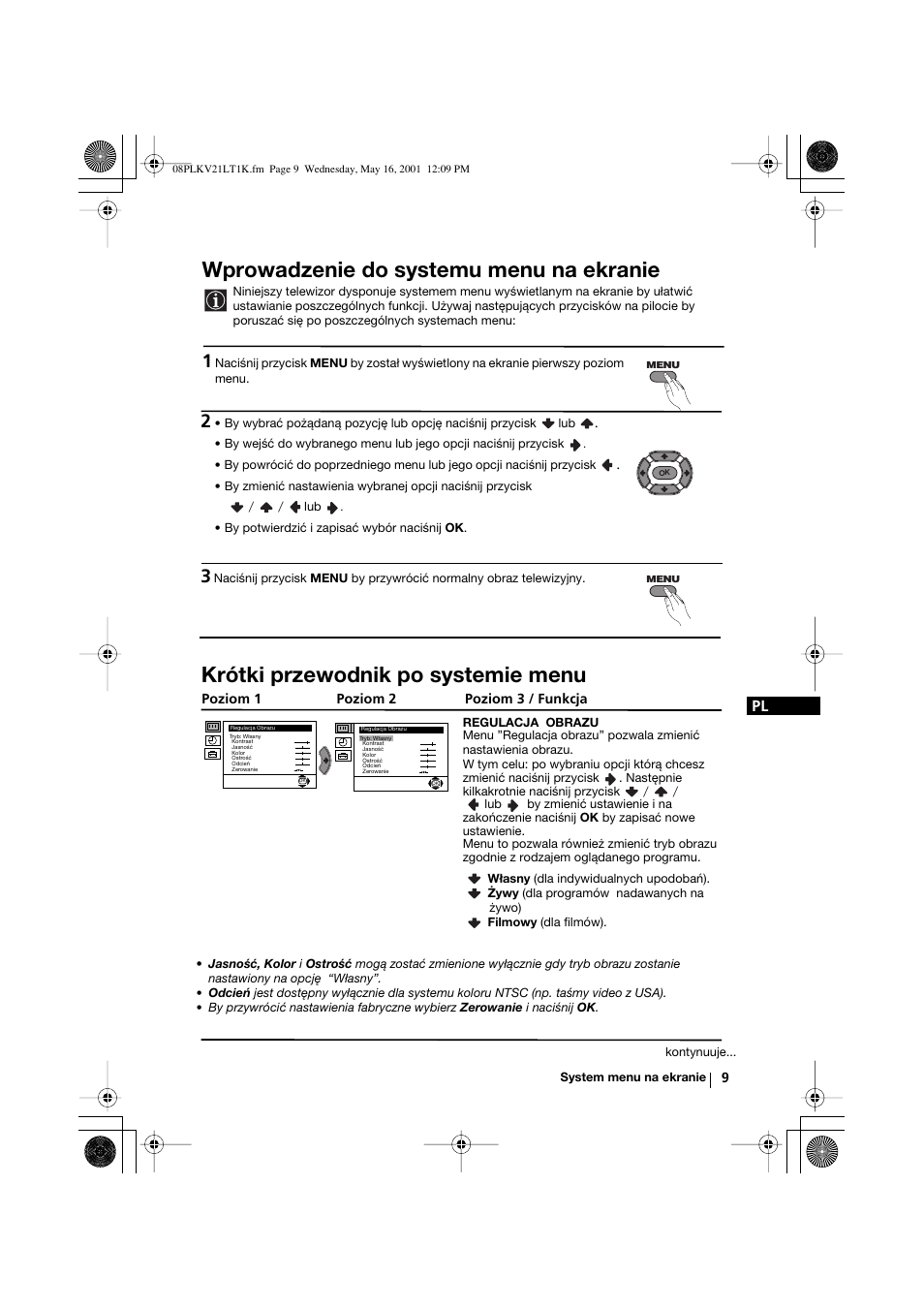 Wprowadzenie do systemu menu na ekranie, Krótki przewodnik po systemie menu | Sony KV-21LT1K User Manual | Page 63 / 128