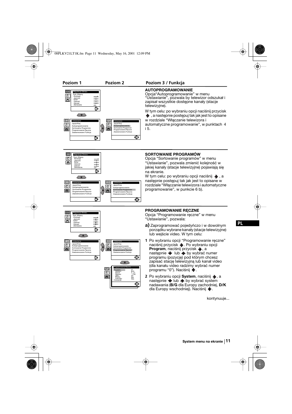 Poziom 1 poziom 2 poziom 3 / funkcja | Sony KV-21LT1K User Manual | Page 65 / 128