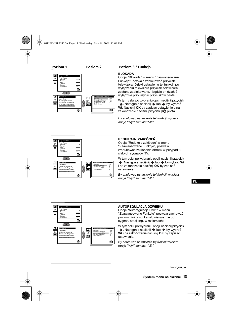 Poziom 1 poziom 2 poziom 3 / funkcja, Kontynuuje | Sony KV-21LT1K User Manual | Page 67 / 128